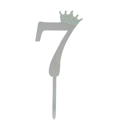 Silver Crown Number Acrylic Cake Topper Small - 7