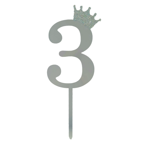Silver Crown Number Acrylic Cake Topper Small - 3