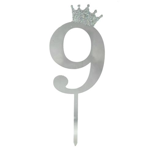 Silver Crown Number Acrylic Cake Topper Small - 9