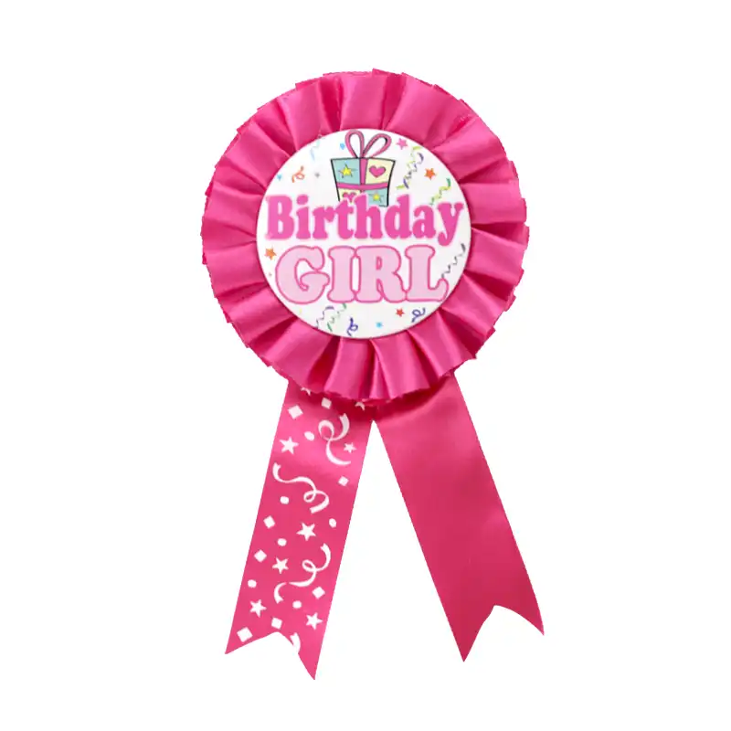 Pink Birthday Girl Rosette Badge – Ribbon Brooch Pin