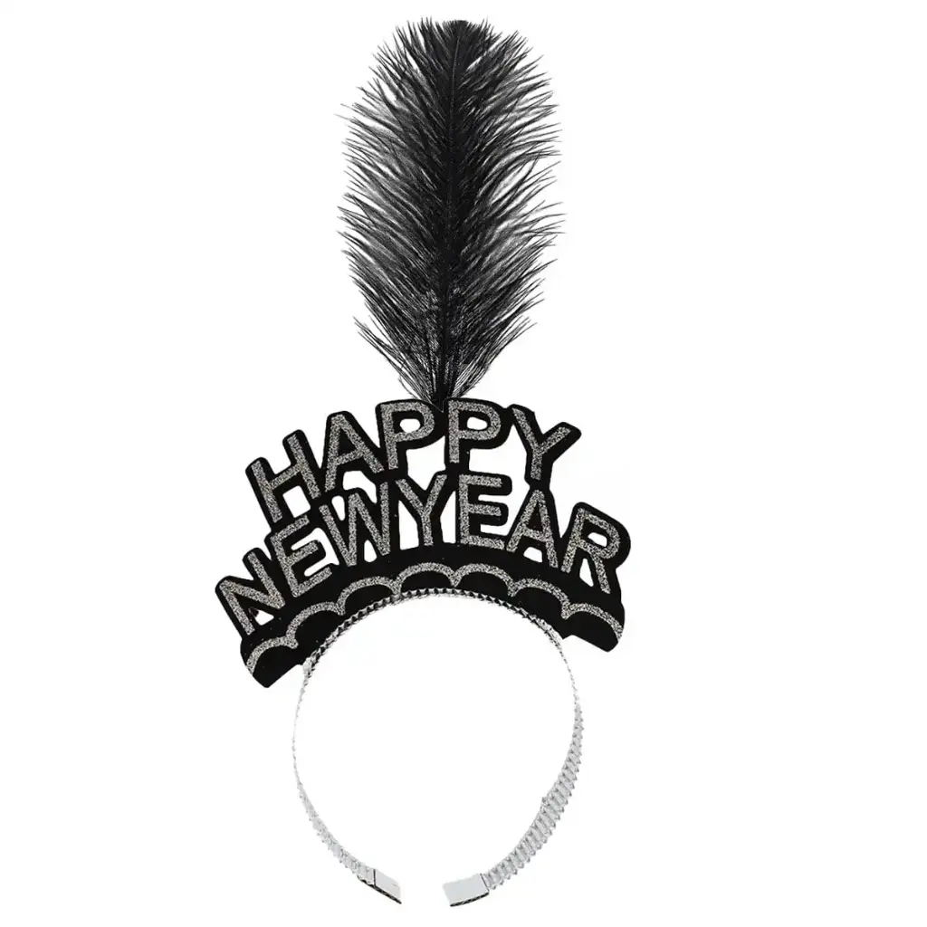 New Year Crown Faux Feather Decor Headband - Black