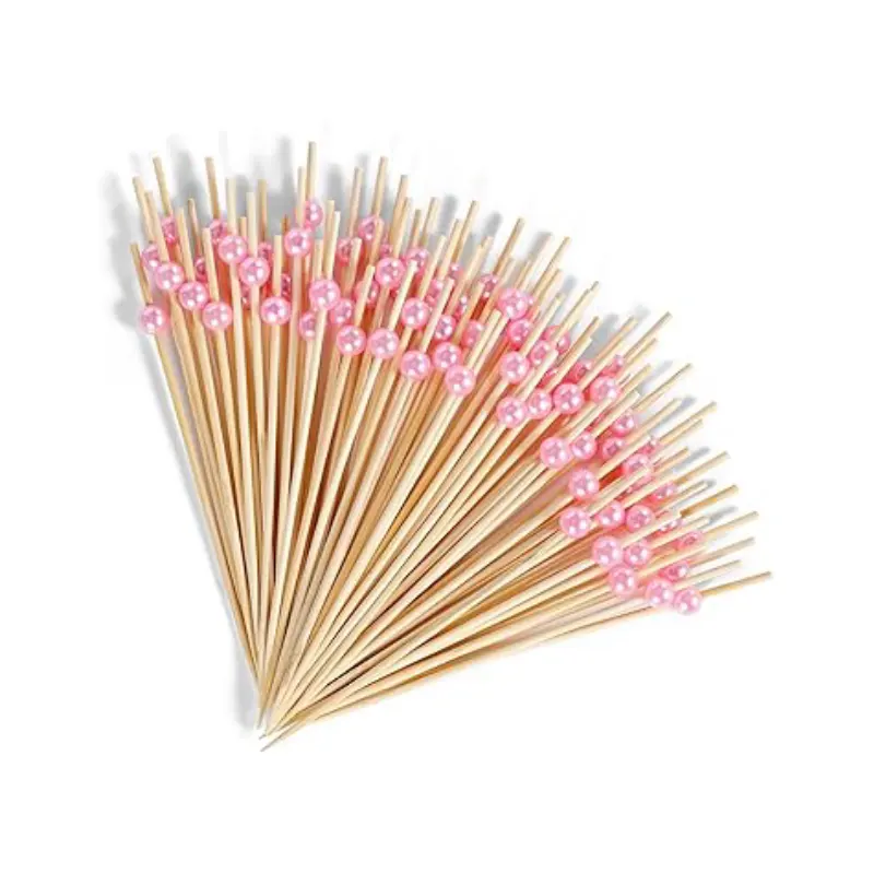 Pink Beads Natural Wooden Food Pickers 30 pcs
