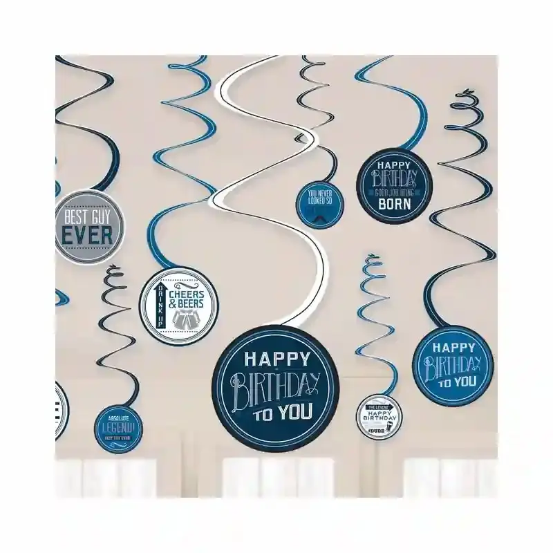 Happy Birthday Men’s Swirls Decorations – 12 pcs 