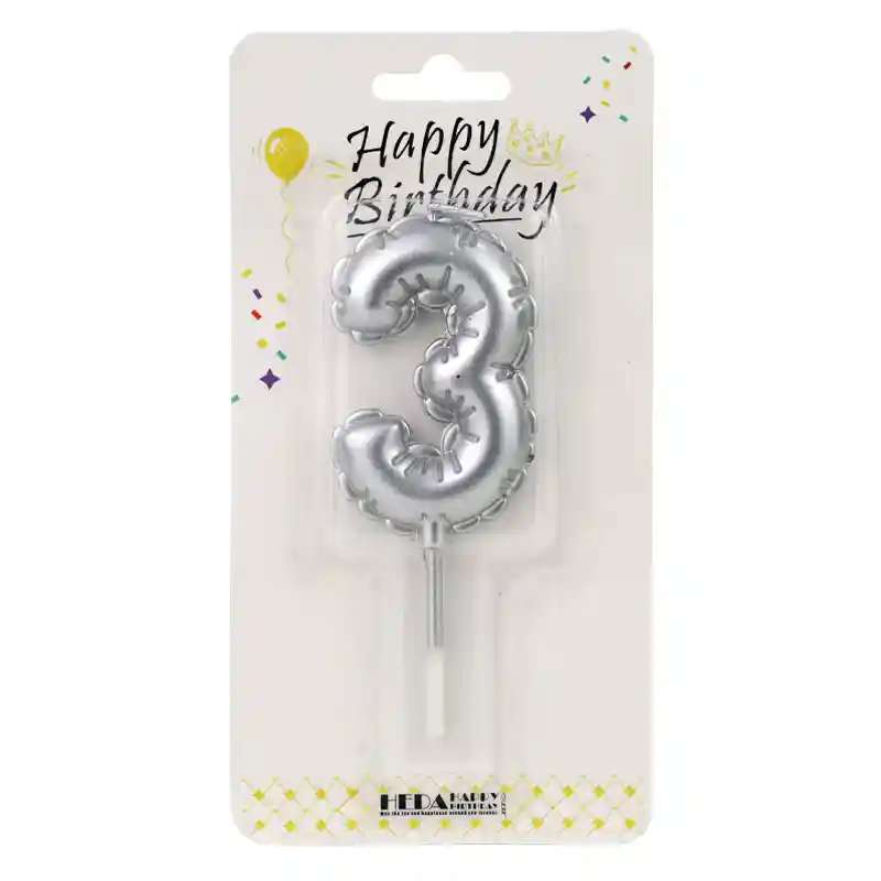 Silver Birthday Number Candle 3 - Cake Topper - 10cm