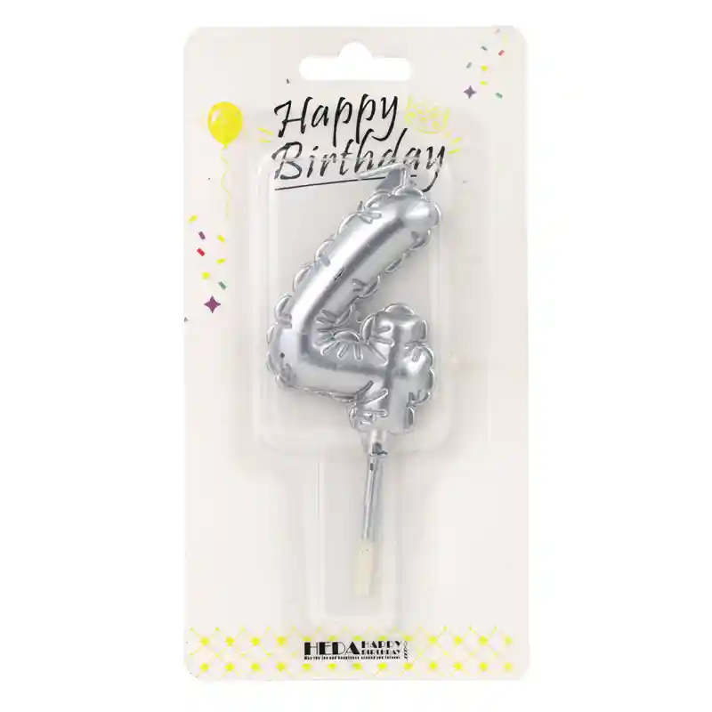 Silver Birthday Number Candle 4 - Cake Topper - 10cm
