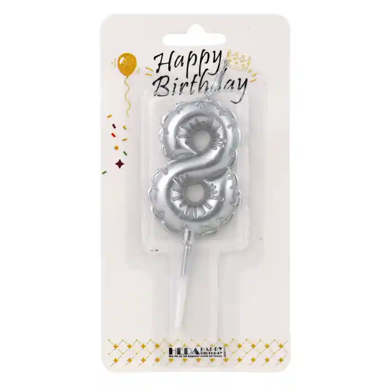 Silver Birthday Number Candle 8 - Cake Topper - 10cm