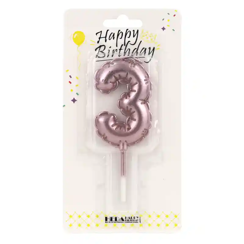 Rose Gold 3 Birthday Number Candle - Cake Topper - 10cm