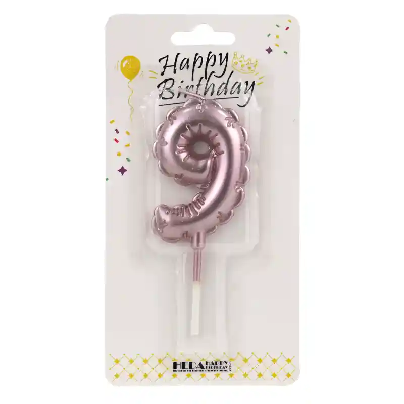 Rose Gold 9 Birthday Number Candle - Cake Topper - 10cm