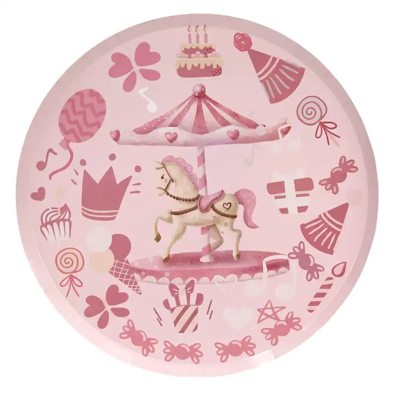 Pink Carousel Round Paper Plates 9 Inch – 8 Pcs