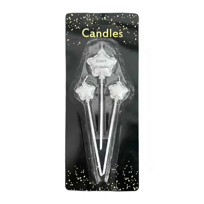 Silver Star Cake Candles – 12cm Set of 3, Party Cake Toppers