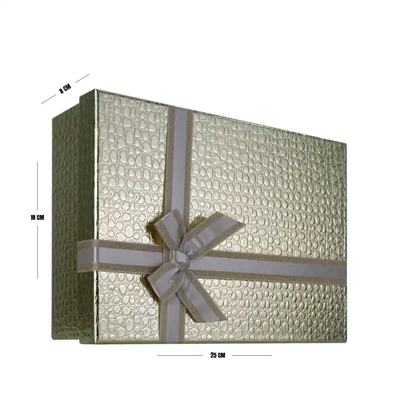 Champagne Gold Luxury Textured Gift Box with Ribbon – 25 x 18 x 8 cm