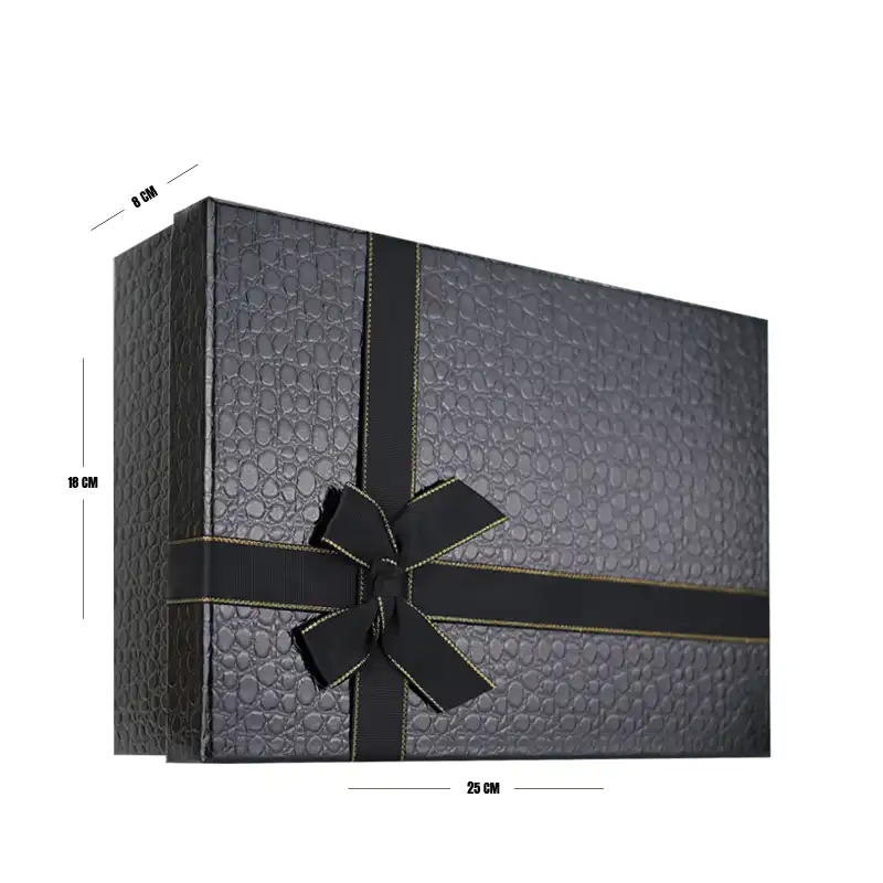 Black Luxury Textured Gift Box with Ribbon – 25 x 18 x 8 cm