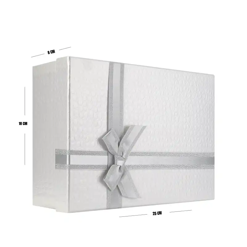 White Textured Gift Box with Silver Ribbon – 25 x 18 x 8 cm