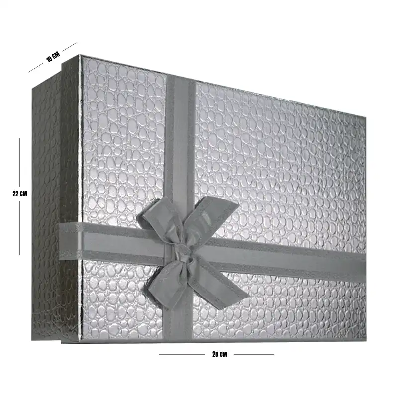 Silver Luxury Textured Gift Box with Ribbon – 28 x 22 x 8 cm