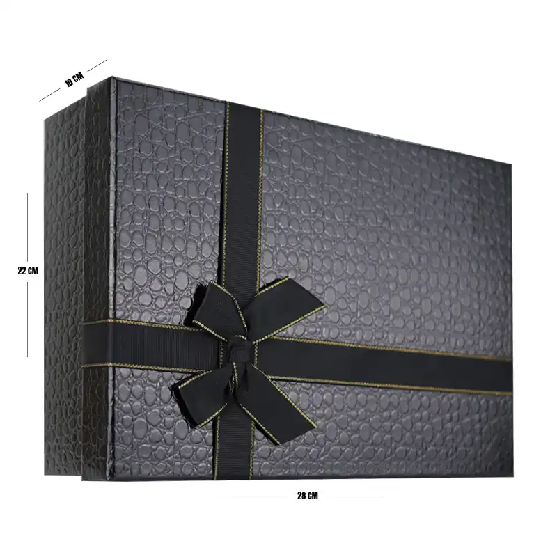 Black Premium Textured Gift Box with Ribbon – 28 x 22 x 8 cm