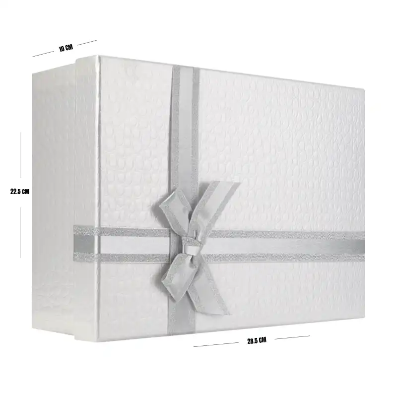 White Textured Gift Box with Silver Ribbon – 28.5 x 22.5 x 10 cm