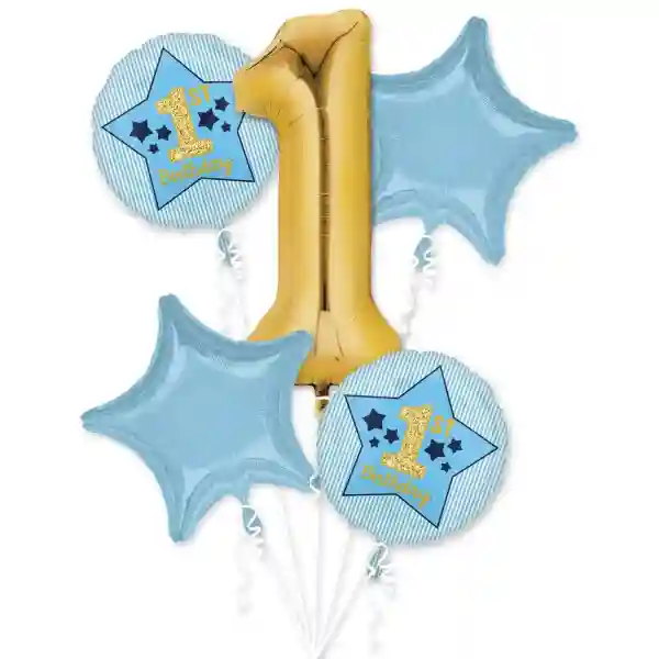 Boy 1st Birthday Blue and Gold Balloon Bouquet – 5pcs