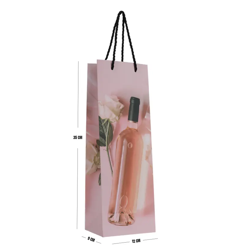 Rose Wine Gift Bag – Pink Paper Bottle Bag with Floral Print & Rope Handles 35×12×9 cm