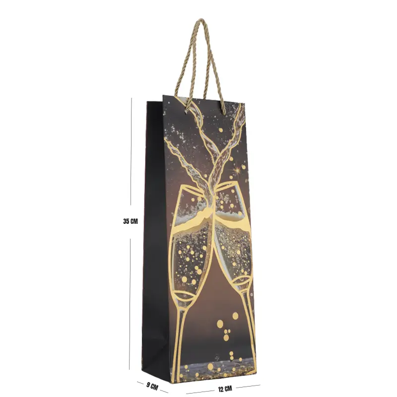 Champagne Gift Bag – Black Paper Wine Bag with Toast Design & Rope Handles 35×12×9 cm