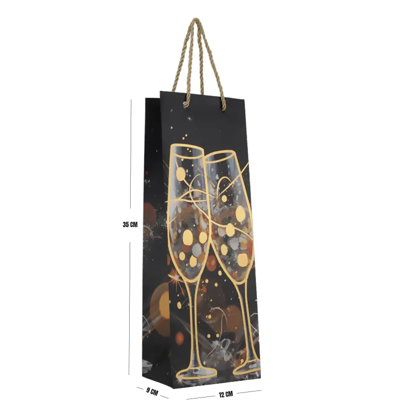 Wine Bottle Gift Bag – Black Champagne Glass Paper Bag with Rope Handles 35×12×9 cm