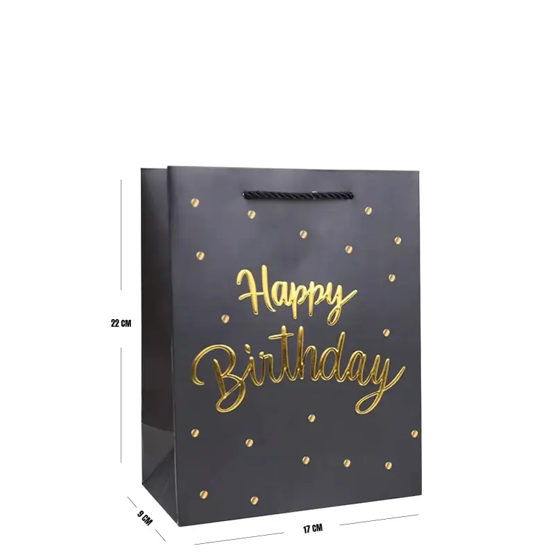 Small Black Gift Bag – Happy Birthday Paper Bag with Gold Print for Presents 17×9×22 cm