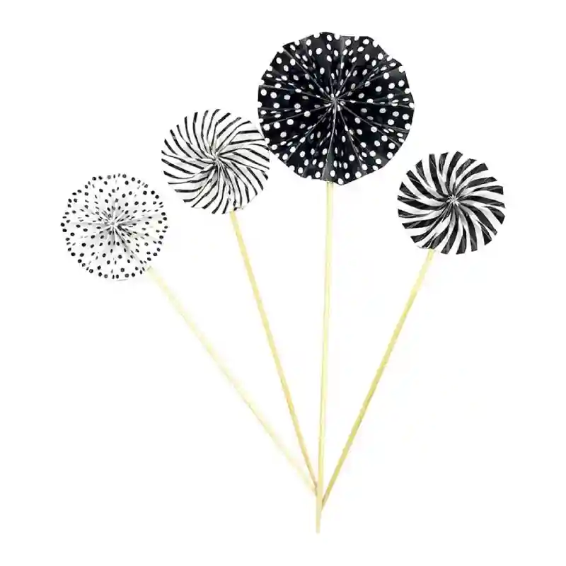Mini Paper Fan Cake Cupcake Topper – Black & White 5 pcs