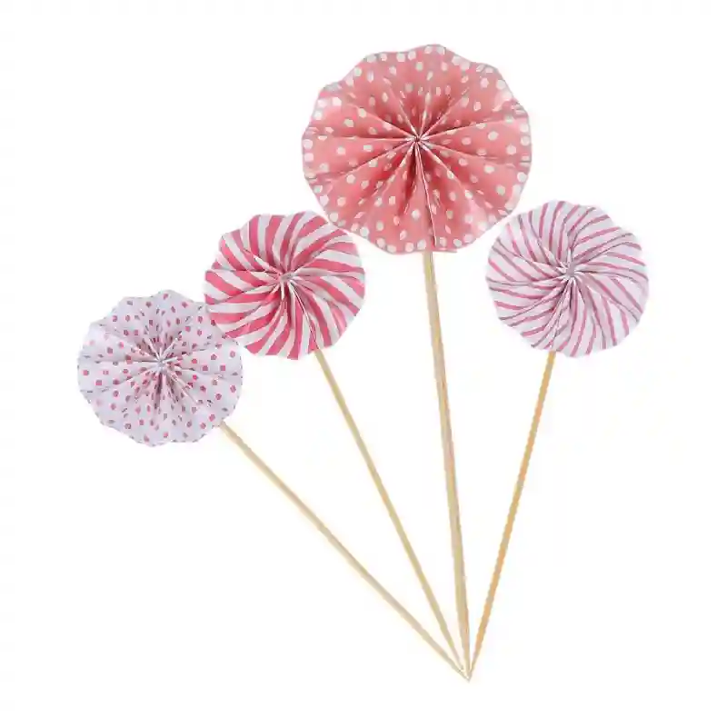 Mini Paper Fan Cake Cupcake Topper – Pink & White (5pcs)