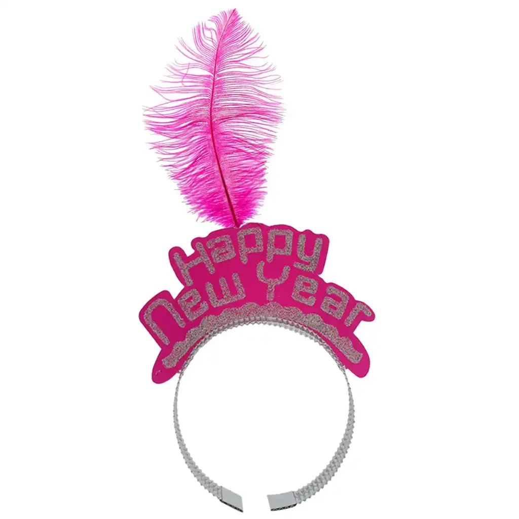 New Year Crown Faux Feather Decor Headband - Pink