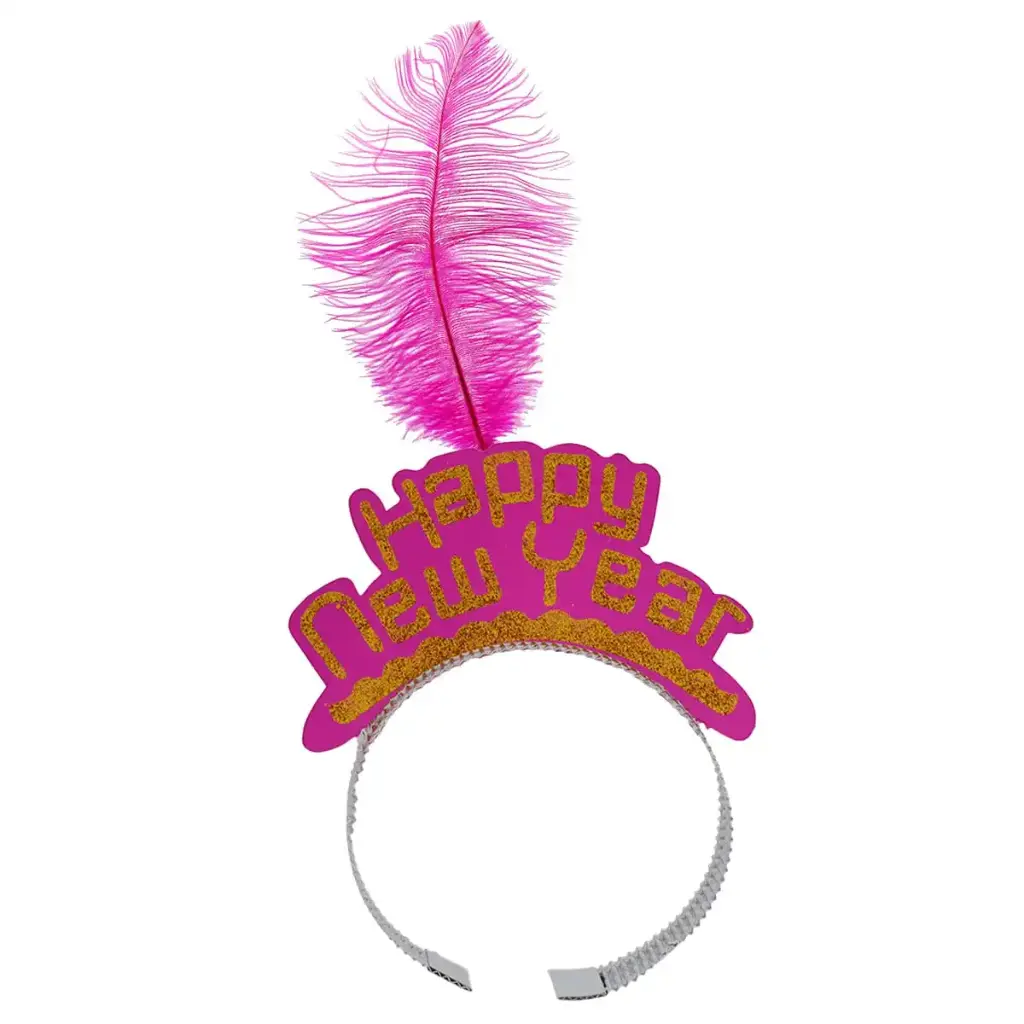 New Year Crown Faux Feather Decor Headband - Pink