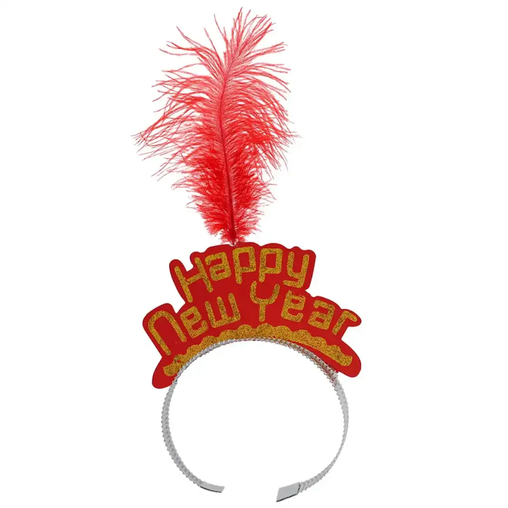 New Year Crown Faux Feather Decor Headband - Red