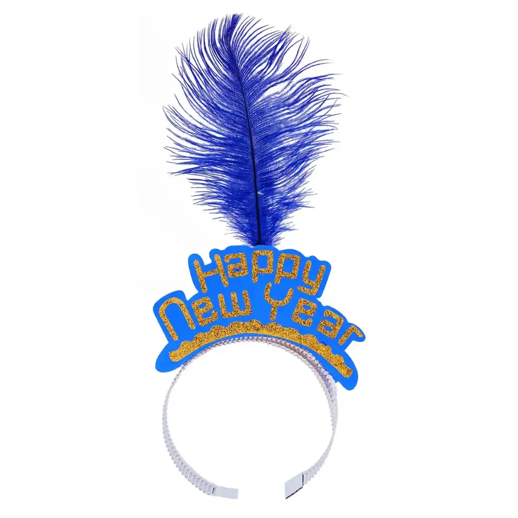 New Year Crown Faux Feather Decor Headband - Blue