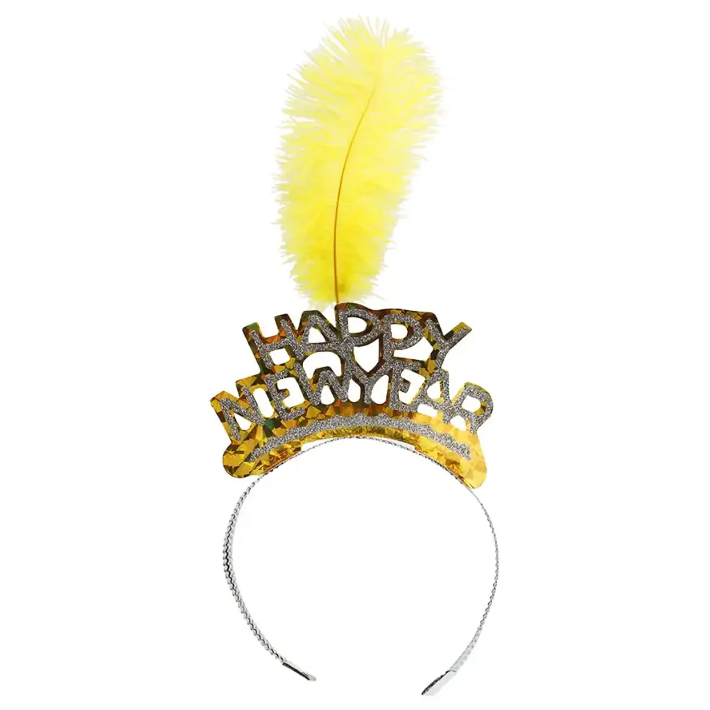 New Year Crown Faux Feather Decor Headband - Yellow