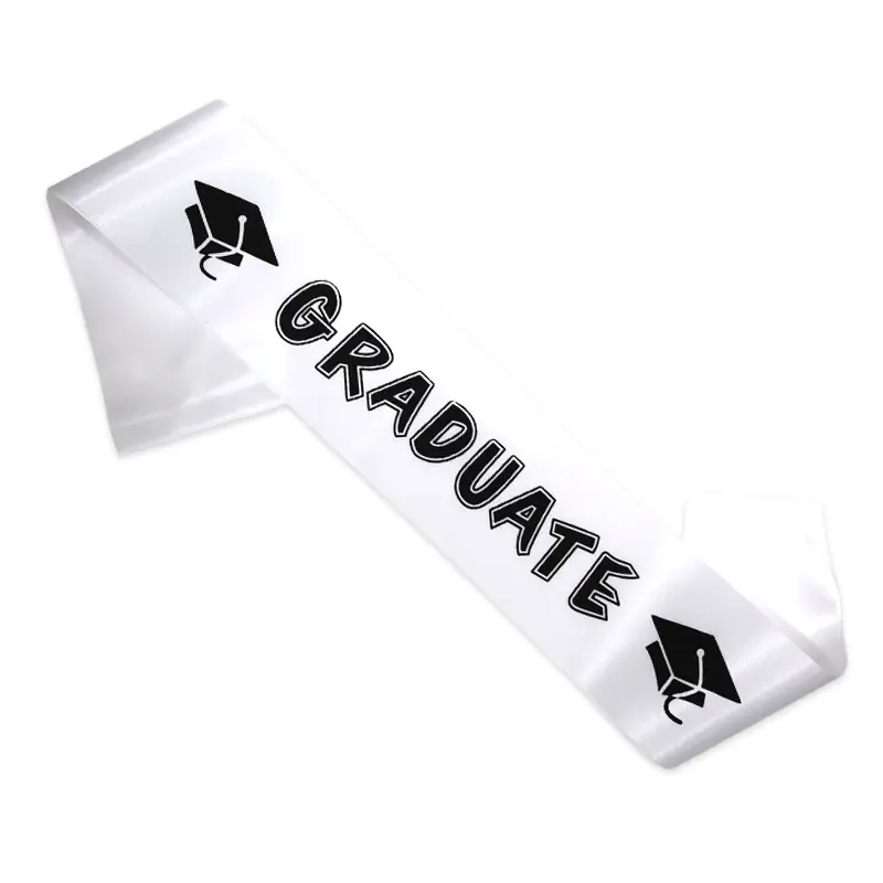 Graduate Sash – White with Black Graduation Cap