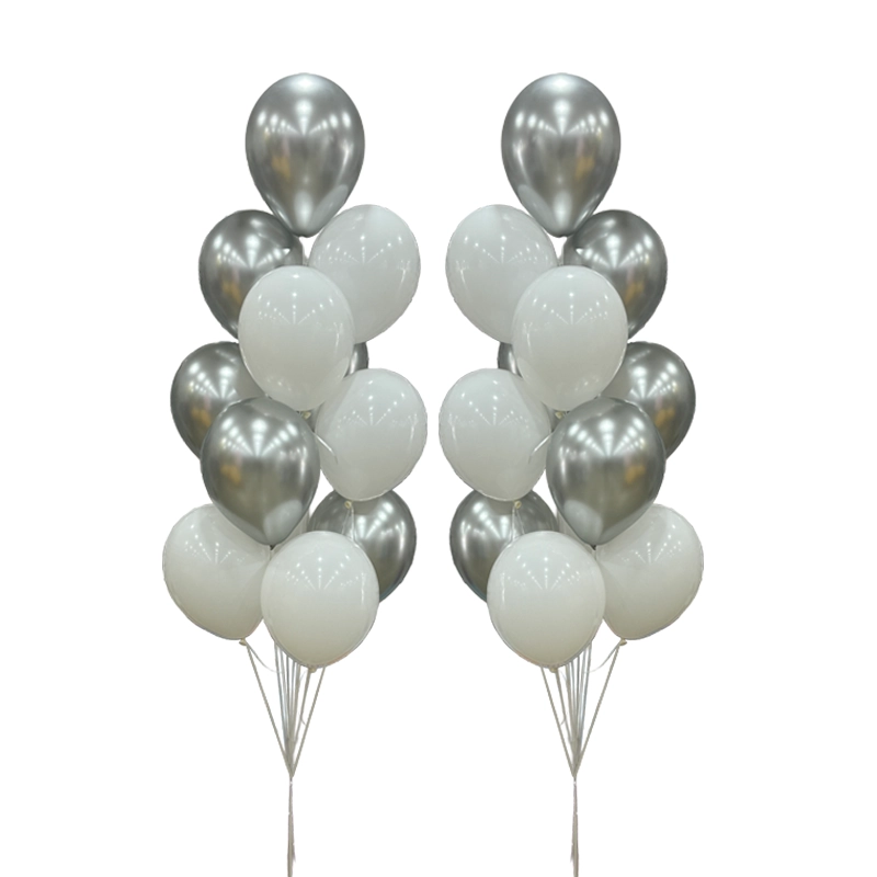 White and Chrome Silver Balloon Bouquet – Helium Latex Set of Two with Weights