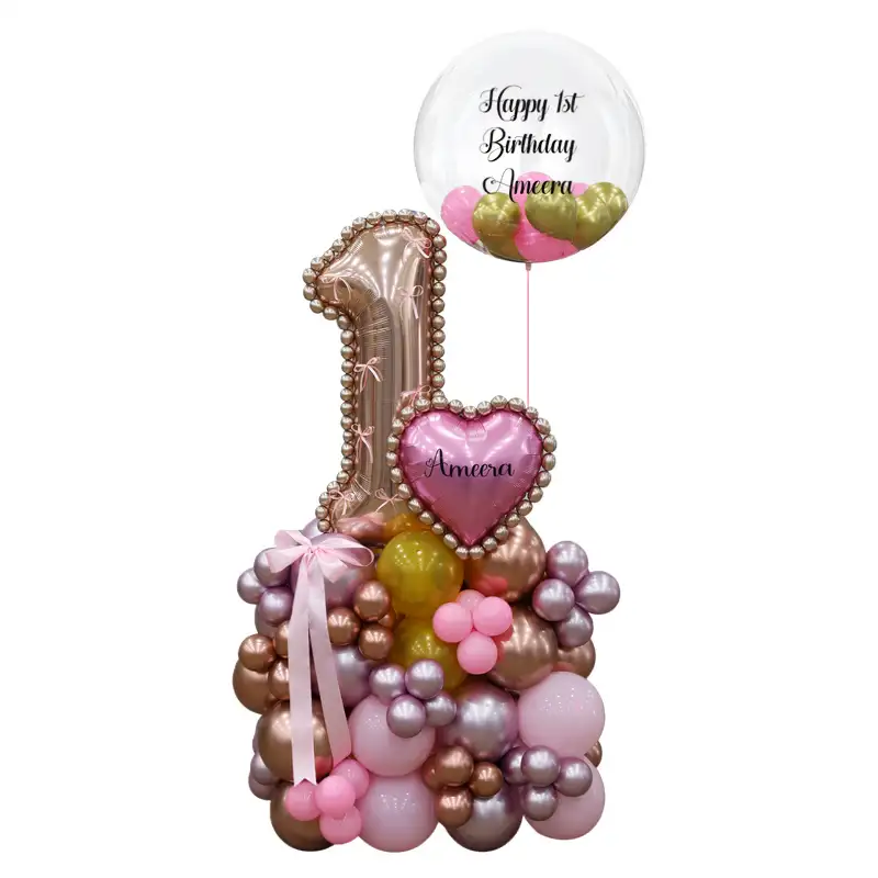 Rose Gold First Birthday Balloon Bubble Stand with custom message