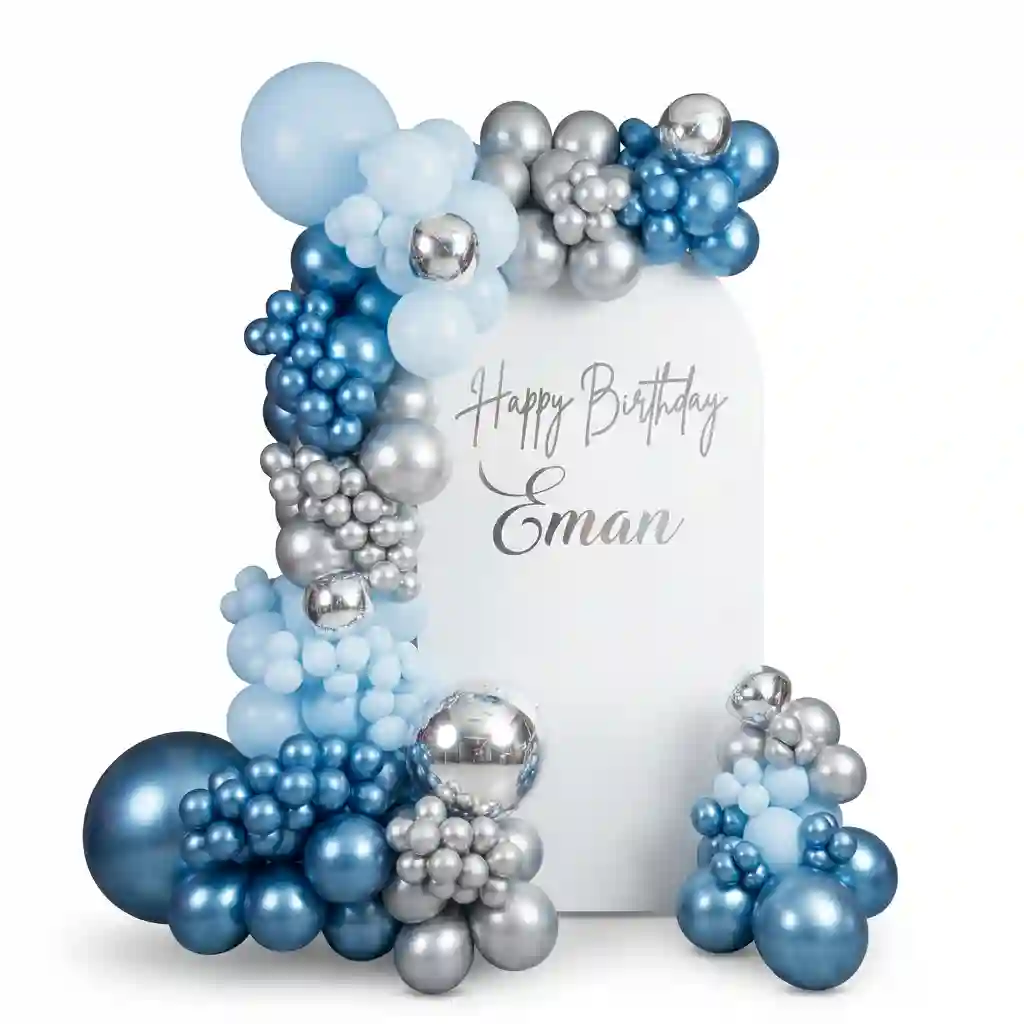 Elegant Blue & Silver Personalized Birthday Balloon Backdrop