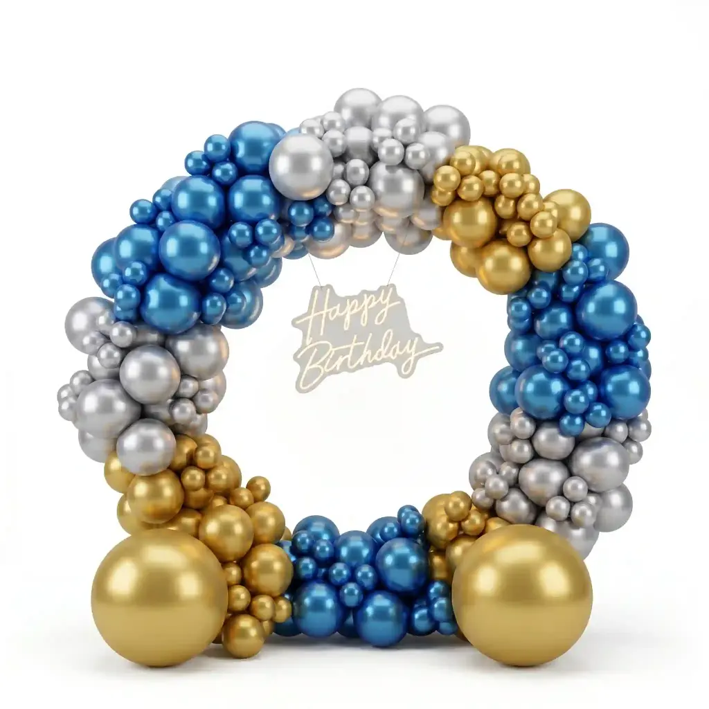 Luxury Blue Silver Gold Birthday Balloon Ring Backdrop