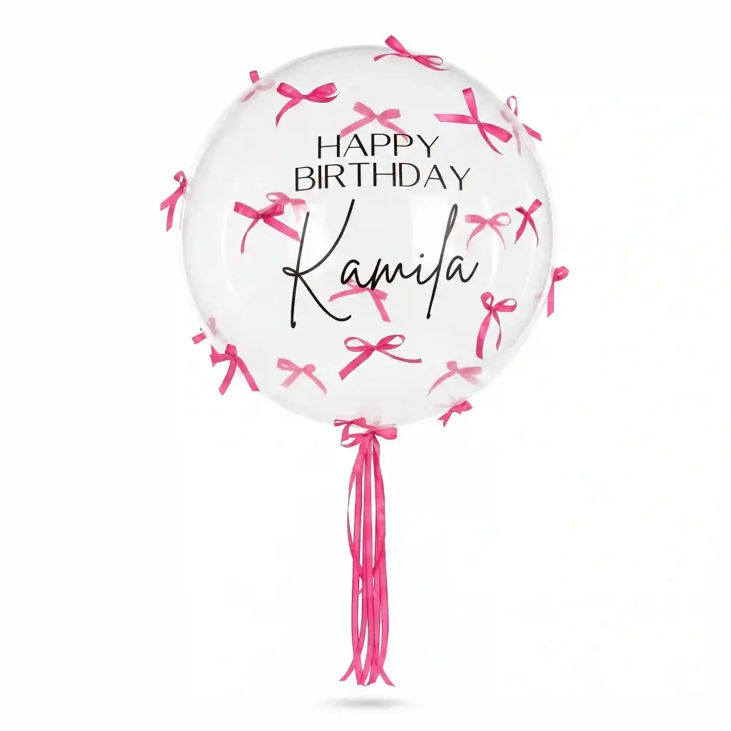 Personalized Birthday Bubble Balloon with Pink Ribbon Bows
