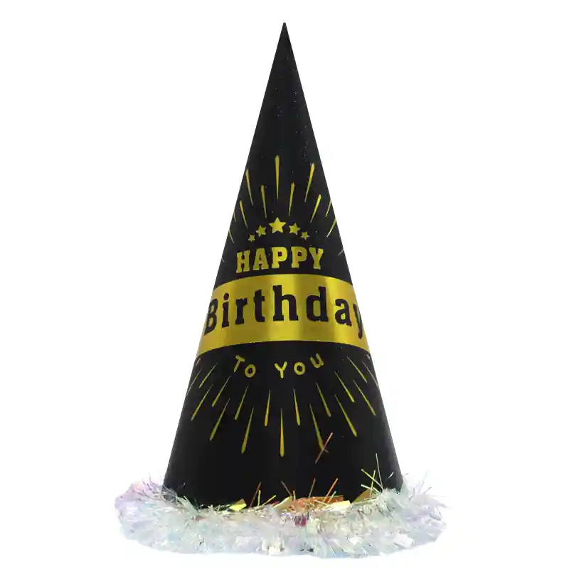 Happy Birthday Black & Gold Cone Hat – Foil Paper Party Hat 32 cm