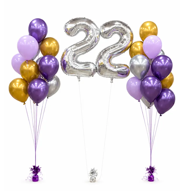 Birthday Balloon Bouquet Set with Silver Number Balloons - Purple, Gold & Silver