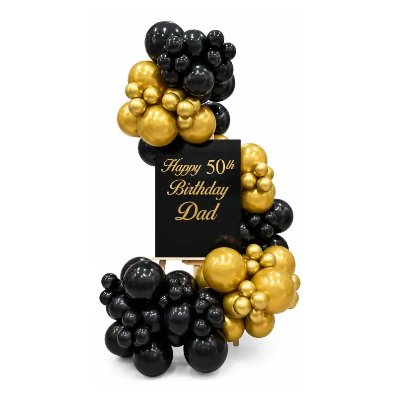 Black & Gold Organic Balloon Welcome Easel Setup for Birthday