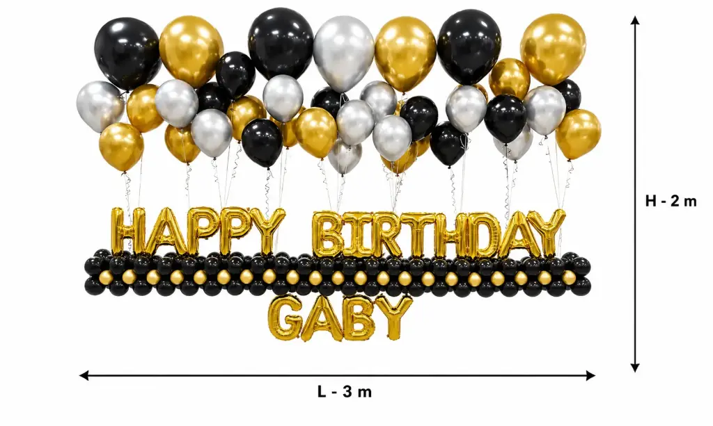 Black, Gold & Silver Happy Birthday Balloon Backdrop Decoration with Foil Letter Balloons – 3m x 2m