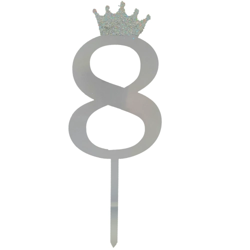 [31164] Silver Crown Number Acrylic Cake Topper Small - 8
