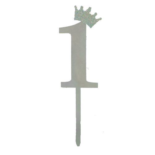[100000011506] Silver Crown Number Acrylic Cake Topper - 1
