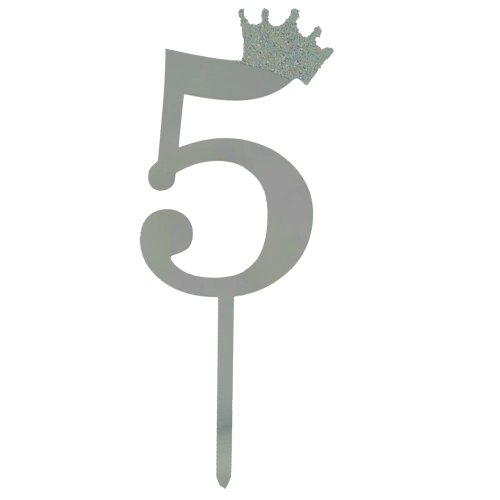 [100000011510/24536] Silver Crown Number-5 Acrylic Cake Topper 
