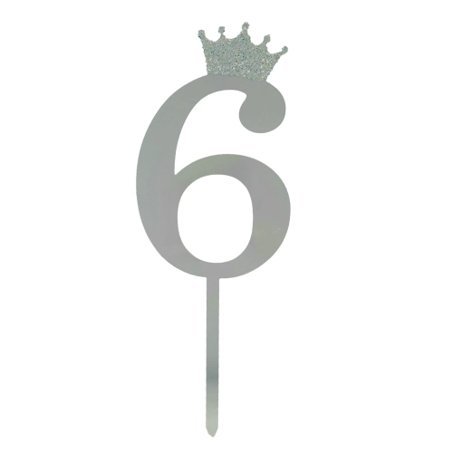 [100000011511/24537] Silver Crown Number-6 Acrylic Cake Topper 