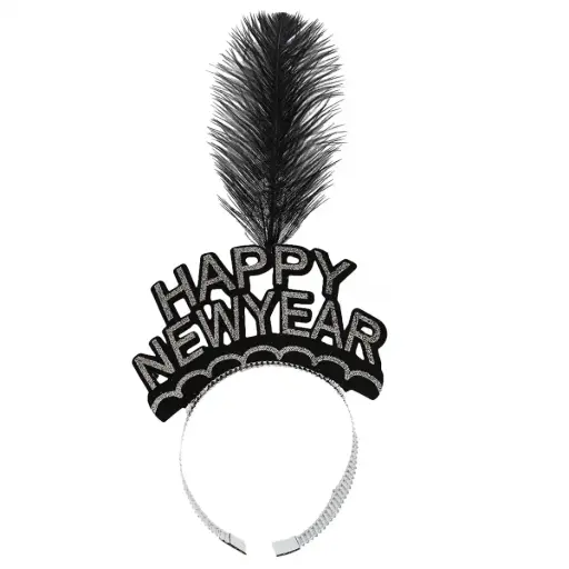 [00032826] New Year Crown Faux Feather Decor Headband - Black
