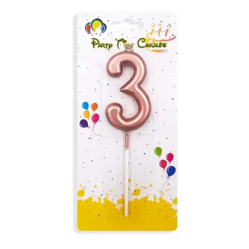 [00033890] Rose Gold Number 3 Cake & Cupcake Candle - Small