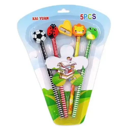 [1] Cartoon Pencil Set with Erasers – Kai Yuan 5 pcs