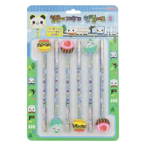[00033928/203177] Food-Themed Pencil and Eraser Kids' Stationery Pack - 6 pcs